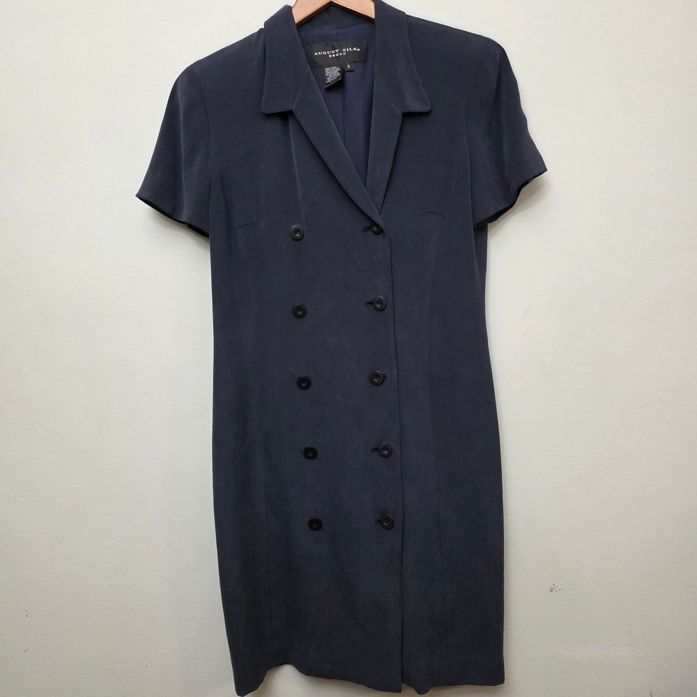 August Silk Navy Blue 100% Silk Double Breasted Sheath Dress Vintage Size 8